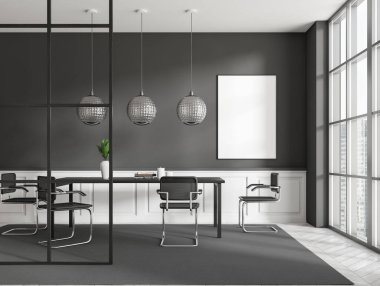 Oturma odasının içinde yemek masası ve sandalyeler var. Mobilyalı ve dekorasyonlu yemek odası, ahşap döşemeli halı. Gökdelenlerin panoramik penceresi. Posteri düzenle. 3B görüntüleme