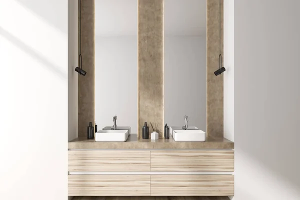 2つのミラー シンク 白い壁 蛇口の下の棚 液体石鹸と明るいバスルームのインテリアのフロントビュー 3Dレンダリング — ストック写真