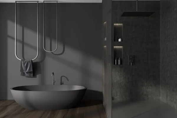 Dark Bathroom Interior Bathtub Towel Rail Minimalist Shower Bathing Accessories — Stock Photo, Image