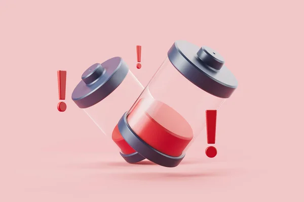 Två Batterier Med Låg Laddning Rosa Bakgrund Röd Utropstecken Och — Stockfoto