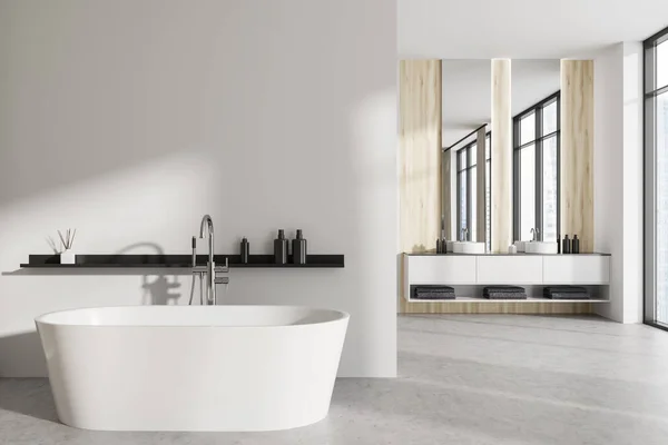 风格时尚的浴室内部与浴缸 双层水池和甲板与配件 浴区与轻混凝土地板 模拟复制空间墙 3D渲染 — 图库照片