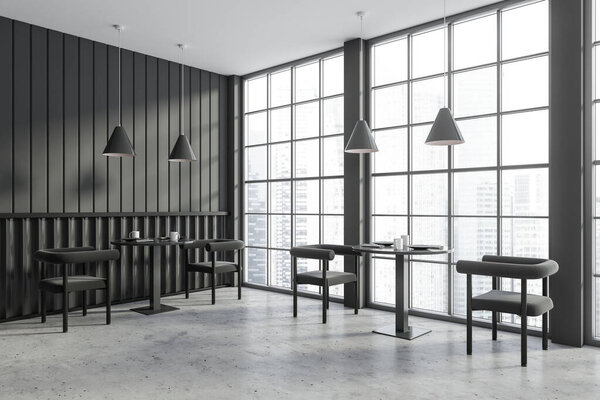 Stylish dark cafe interior with chairs and table with dishes and cutlery, side view, grey concrete floor. Panoramic window on Singapore skyscrapers. 3D rendering