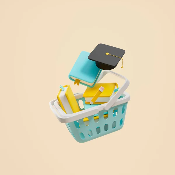 Basket with books and pencil, graduation cap on beige background. Concept of shopping and education. 3D rendering