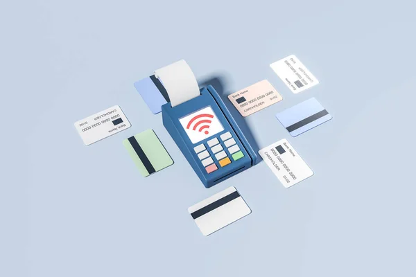 画面と領収書 青の背景に異なるクレジットカード上の無線LanとブルーPos端末 非接触決済の概念 3Dレンダリング — ストック写真