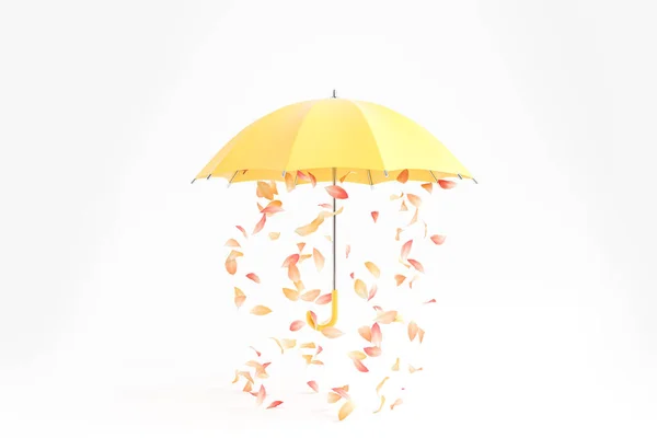 Grand Parapluie Jaune Avec Des Feuilles Tombantes Colorées Sur Fond — Photo