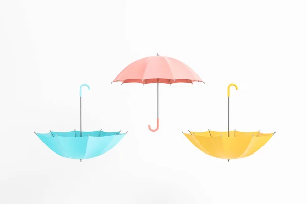 白い背景に3つの大きなカラフルな傘 秋と気候の概念 3Dレンダリング — ストック写真