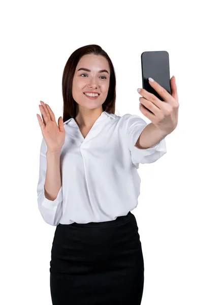Bizneswoman Telefonem Robi Wideo Rozmowy Machając Ręką Uśmiechnięty Portret Odizolowany — Zdjęcie stockowe