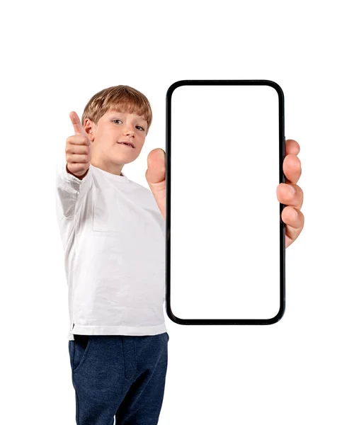 Copilul Zâmbește Degetul Mare Sus Deține Smartphone Ecran Mare Spațiu — Fotografie, imagine de stoc