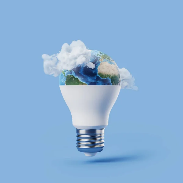 具有米色背景 绿色能源和资源的灯泡 生态概念 3D渲染 — 图库照片