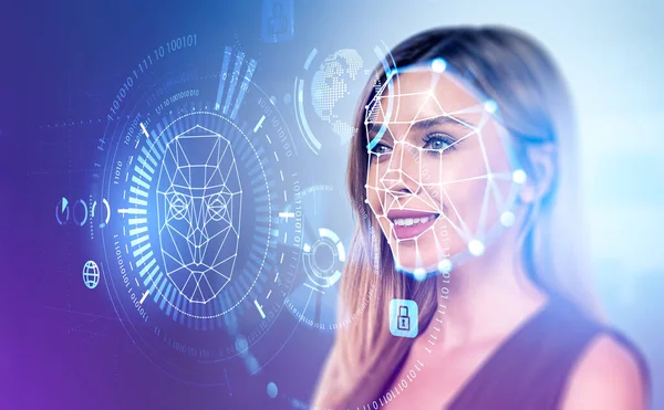 stock image Businesswoman smiling portrait and digital biometric scanning hologram, face detection and recognition. Concept of machine learning.