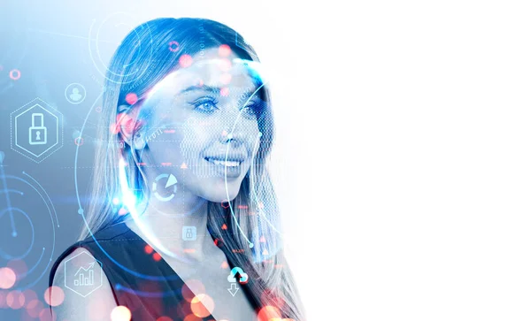Retrato Silueta Mujer Negocios Sonriente Globo Terráqueo Con Holograma Conexión —  Fotos de Stock