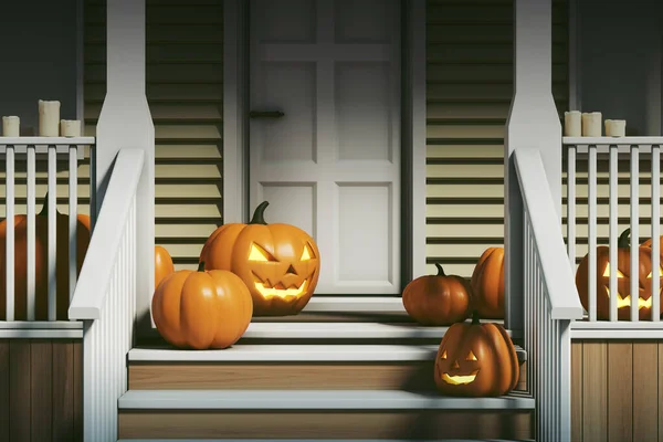 Skrämmande Och Leende Halloween Pumpor Rad Tröskeln Hus Dörr Och — Stockfoto
