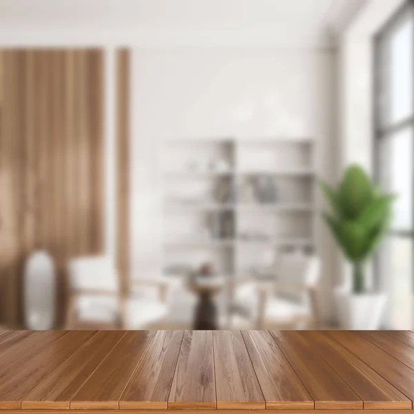 木制桌子 背景是模糊的米色客厅 里面有两张扶手椅和有窗户的架子 用于产品展示的模拟复制空间 3D渲染 — 图库照片