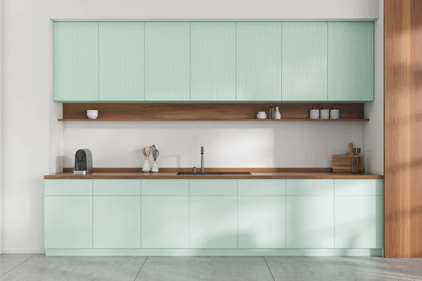 厨房内部轻便 甲板上有厨房用具 灰色瓷砖地板 烹饪区与最小的器具和隐藏的设计 3D渲染 — 图库照片