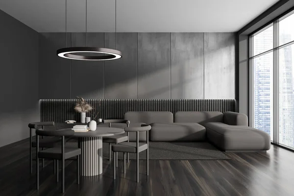 Dark Living Room Interior Dining Table Chairs Sofa Corner Carpet — Stock Photo, Image