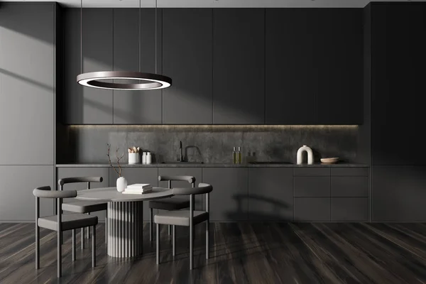 黑暗的厨房内部 椅子和餐桌在硬木地板上 厨房用具和装饰 豪华烹饪区隐藏设计 3D渲染 — 图库照片
