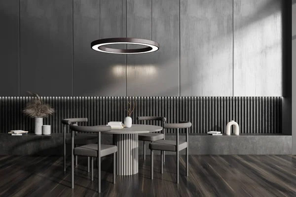 Dark Meeting Room Interior Dining Table Chairs Hardwood Floor Lamp — Stock Photo, Image