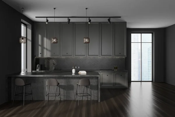 Dark Kitchen Interior Bar Chairs Island Hardwood Floor Cooking Area — Stock Photo, Image
