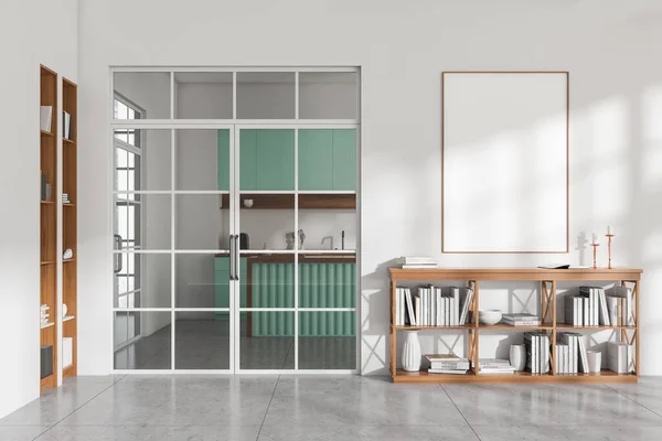 Witte Keuken Interieur Met Dressoir Decoratie Glazen Deuren Naar Kookhoek — Stockfoto