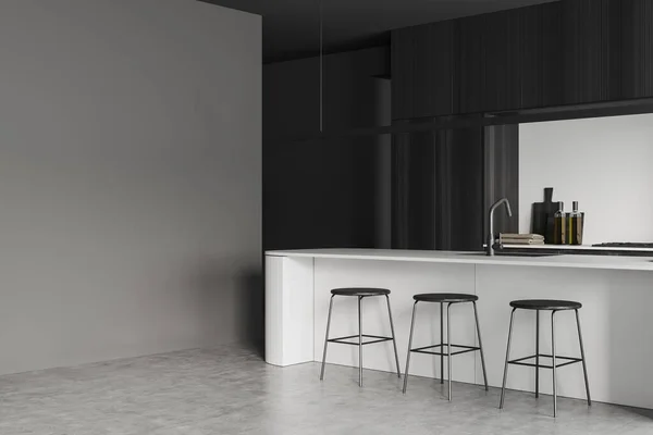 어두운 실내에 과회색 콘크리트 바닥에 의자가 장식으로 공간을 요리한다 렌더링 — 스톡 사진
