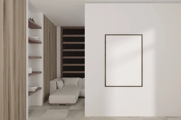 Salón Interior Blanco Con Sofá Estante Con Decoración Minimalista Suelo — Foto de Stock