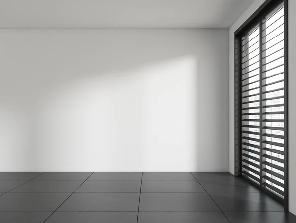Biały Pusty Salon Panoramicznym Oknem Jalousie Widok Miasto Szary Betonowa — Zdjęcie stockowe