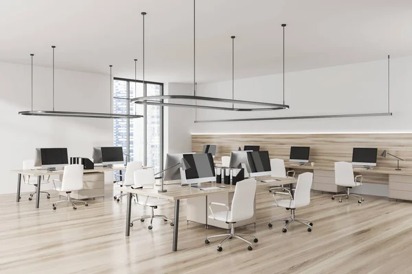 stock image White office interior with armchairs and pc computer, side view, hardwood floor. Coworking room with panoramic window on Singapore skyscrapers. 3D rendering