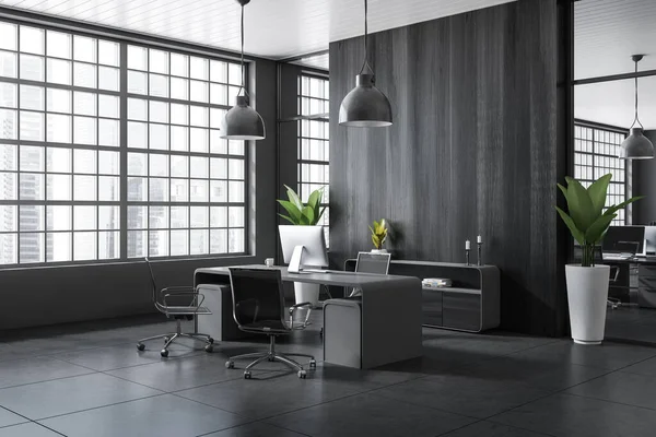 Dunkles Business Room Interieur Mit Schreibtisch Und Sesseln Auf Grauem — Stockfoto