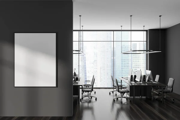 Dark Workspace Interior Armchairs Desk Computers Hardwood Floor Panoramic Window — Stock Photo, Image