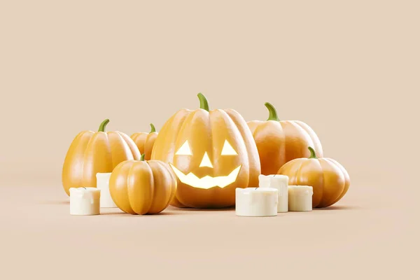 Smiling Halloween Pumpkin Lantern Beige Background Candles Concept Holiday Celebration — Stock Photo, Image