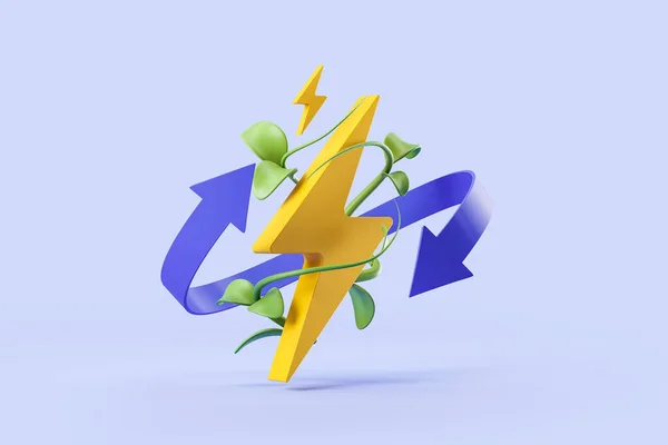 フラッシュ雷 植物の茎と青の背景に矢印とエネルギーのシンボル 再生可能エネルギーと生態学の概念 3Dレンダリング — ストック写真