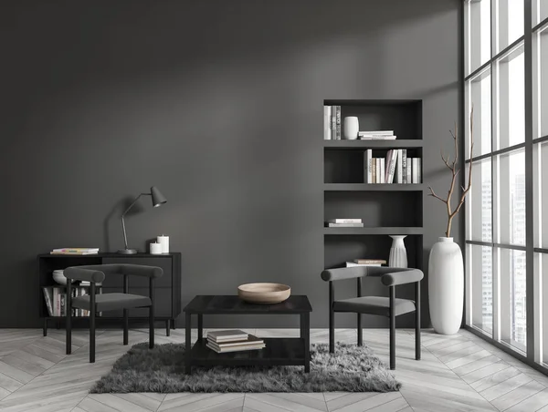 Dark living room interior with two armchairs, shelf with decoration and sideboard on grey hardwood floor. Panoramic window on city view. Mockup empty wall. 3D rendering