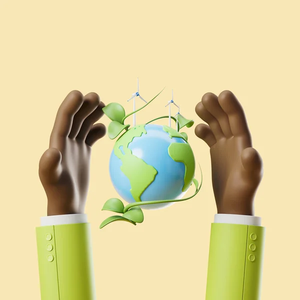 Svarta Tecknade Händer Som Håller Jorden Sfär Vindkraftverk Och Grön — Stockfoto
