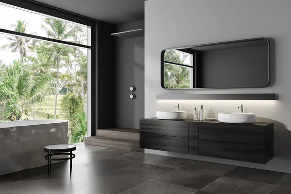黑暗的浴室内部与浴缸 淋浴和双水槽 风格别致的浴场 棕色瓷砖地板侧面观景 热带地区的全景窗口 3D渲染 — 图库照片