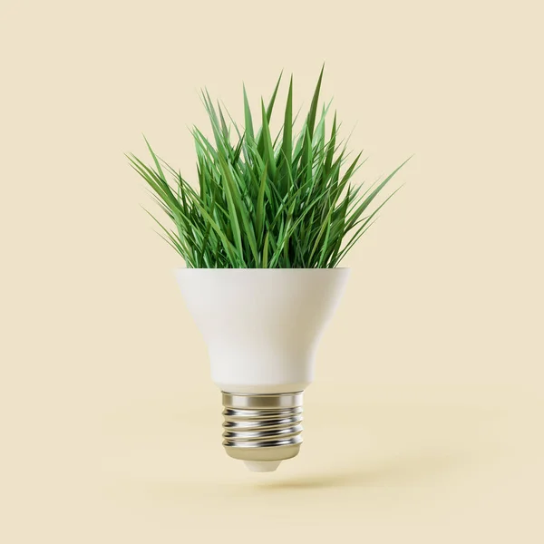 Light Bulb Grass Beige Background Green Energy Resources Concept Ecology — Stock Photo, Image