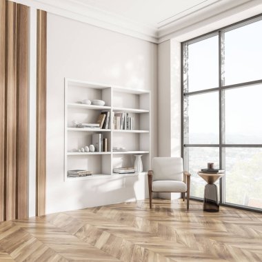 Parlak oturma odasının iç tarafında koltuk, kitaplı raflar, beyaz duvar, panoramik pencere, ahşap ahşap zemin ve çanak çömlek. Minimalist tasarım kavramı, modern sanat. 3d oluşturma
