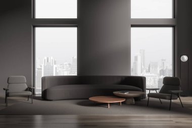 Gri duvarları, koyu ahşap zemini, uzun gri koltuğu ve yuvarlak sehpanın yanında duran iki koltuğu ve şehir manzaralı uzun pencereleri olan modern minimalist oturma odasının içi. 3d oluşturma