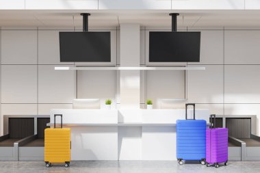 Beyaz duvarları ve parlak renkli bavulları olan, televizyon ekranlı resepsiyon masalarının yanında duran modern havaalanının içi. Tatil ve turizm kavramı. 3d oluşturma