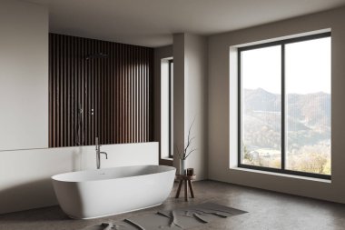 Şık bir otel banyosu, banyo küveti ve duş bölmesi, yan manzara, gri beton zemin. Kırsal kesimde aksesuarları ve panoramik pencereleri olan sıcak bir banyo köşesi. 3B görüntüleme