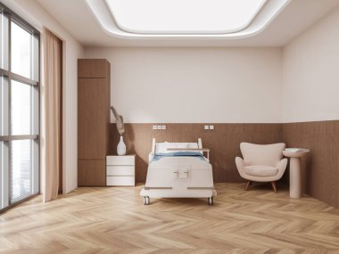 Havalı bej hastane odası iç yatağı ve koltuğu, rafı ve çekmecesi gökdelenlerin panoramik penceresinin yanında. Ahşap zemindeki hastalar için rahat bir sağlık odası. 3B görüntüleme
