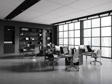 Çalışma masasında koltukları ve bilgisayarı olan koyu renkli ofis içi, yan görüş gri beton zemin. Gökdelenlerin panoramik penceresi olan bir iş yeri. 3B görüntüleme