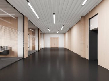 Şık bir iç mekan, cam kapılar ve mobilyalı çalışma alanı, siyah beton zemini olan koridor. Müşteriler ve çalışanlar için özel odaları olan uzun bir koridor. 3B görüntüleme