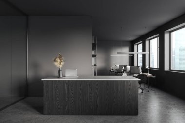 Gri duvarları, beton zemini, beyaz ve koyu ahşap resepsiyon masası ve sandalyeli bilgisayar masaları olan şık bir açık uzay ofisi. 3d oluşturma