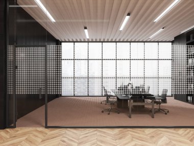 Gri, koyu ahşap ve cam duvarlı, ahşap zeminli, sandalyeli ve kitaplıklı bilgisayar masalı şık ofis binasının içi. 3d oluşturma