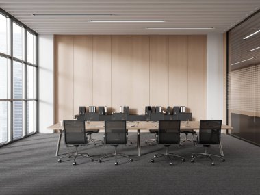 Beyaz ve ahşap duvarlı modern toplantı odasının içi, gri halılı zemin, gri sandalyeli uzun konferans masası ve klasörlü dolap. 3d oluşturma