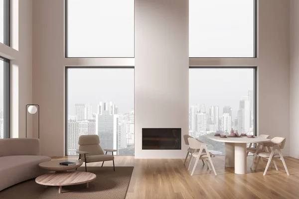 Stilvolles Wohnzimmerinterieur Mit Sofa Und Esstisch Couchtisch Und Kamin Teppich — Stockfoto