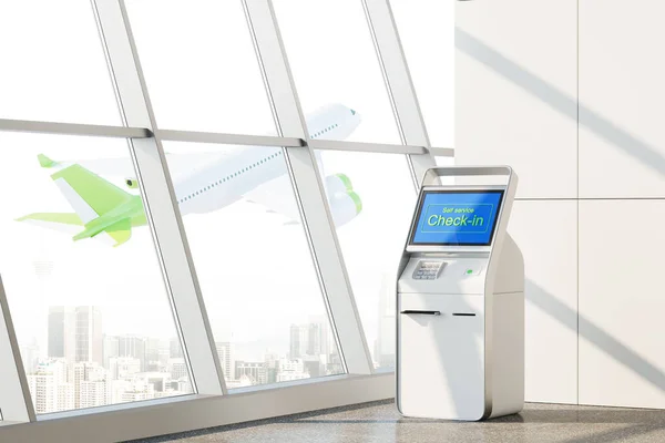 Nowoczesne Wnętrze Lotniska Cyfrowy Elektroniczny Check Kiosk Samoobsługowy Terminal Płatności — Zdjęcie stockowe