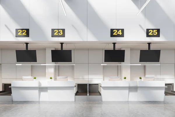 Interior Modern Airport White Walls Check Reception Area Row Tables — Stock Photo, Image