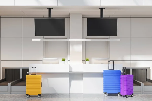 Interior Modern Airport White Walls Bright Colorful Suitcases Standing Reception — Stock Photo, Image