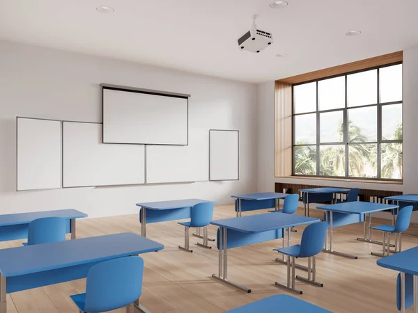 Empty minimalist classroom interior with desk and chairs in row, side view mock up empty chalkboard and projector with screen. Panoramic window on tropics. 3D rendering